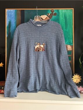 LMX Vintage Blue Dog Embroidered Knit Sweater Pullover XL